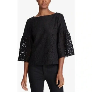 Banana Republic Black Lace Bell Flutter 3/4 Puff Sleeves Crochet Blouse Size XS